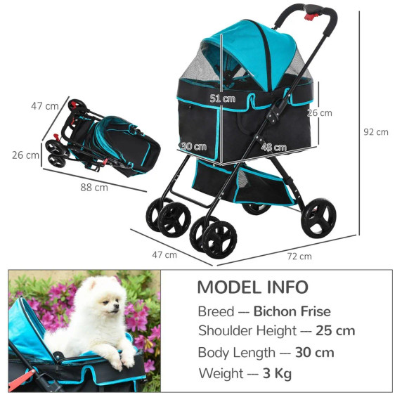 Pet Stroller Foldable Carriage w/ Brake Basket Adjustable Canopy Removable Cloth