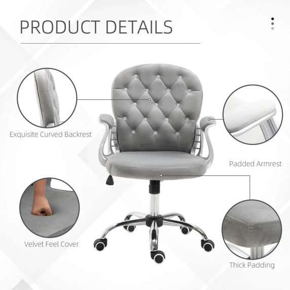 Office Chair Luxury Velour Diamond Tufted Padded Ergonomic 360 Swivel Grey