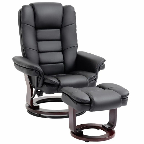 Swivel Manual Recliner and Footrest Set PU Lounge Chair Wood Base, Black