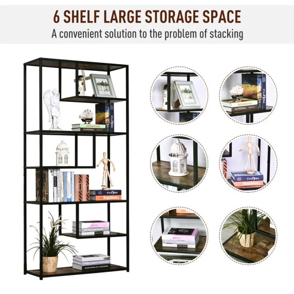 Wood Bookshelf Industrial Style Stand 6-Tier Living Room Display Rack Organiser
