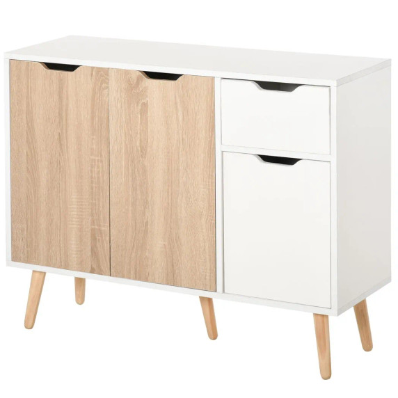 HOMCOM Storage Cabinet Sideboard with Drawer in Modern Scandinavian Style, White and Coloured Doors, Four-Part Storage System, Five Wood Legs, Durable Particle Board Frame, Anti-Tipping Design, Dimensions 72H x 90W x 30Dcm