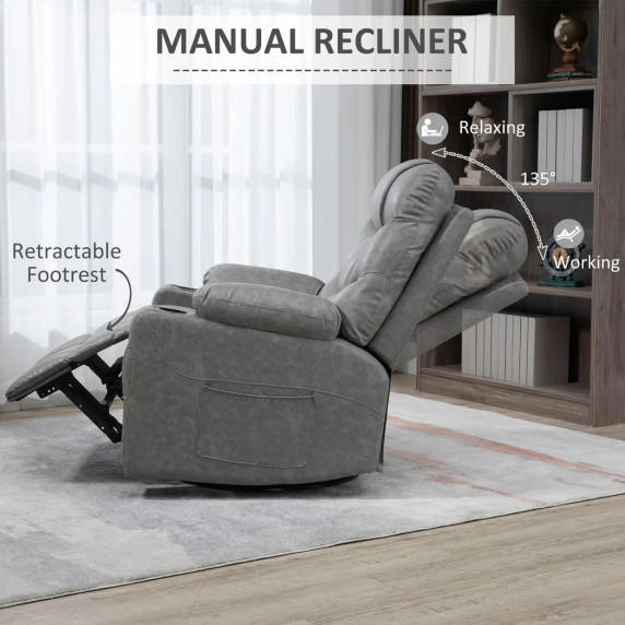 PU Leather Manual Recliner Chair Recliner Armchair Grey 360 Degreee swivel