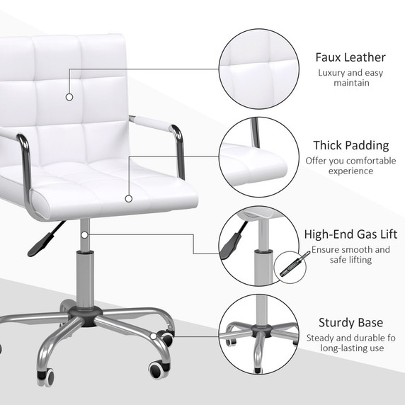 Mid Back PU Leather Home Office Chair Swivel Desk Chair with Arm, Wheel, White