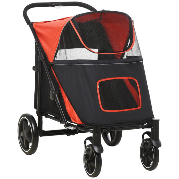PawHut Foldable Dog Carriage w/ Universal Wheels, Shock Absorber - Red
