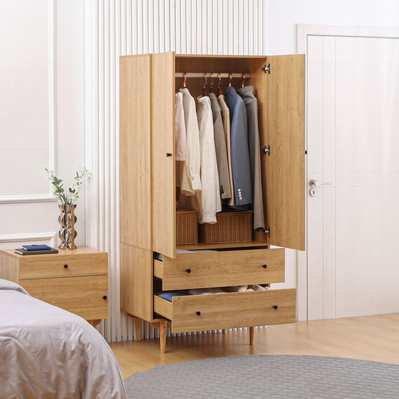 Stylish HOMCOM Modern Wardrobe with Two Drawers and Hanging Rail