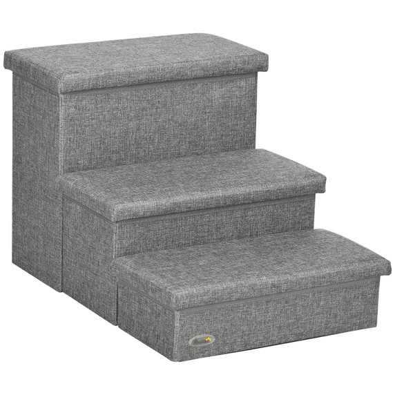 PawHut 3 Step Dog Steps with Storage Boxes, Cat Stairs for Bed Sofa, Light Grey