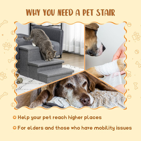 PawHut 3 Step Dog Steps with Storage Boxes, Cat Stairs for Bed Sofa, Light Grey