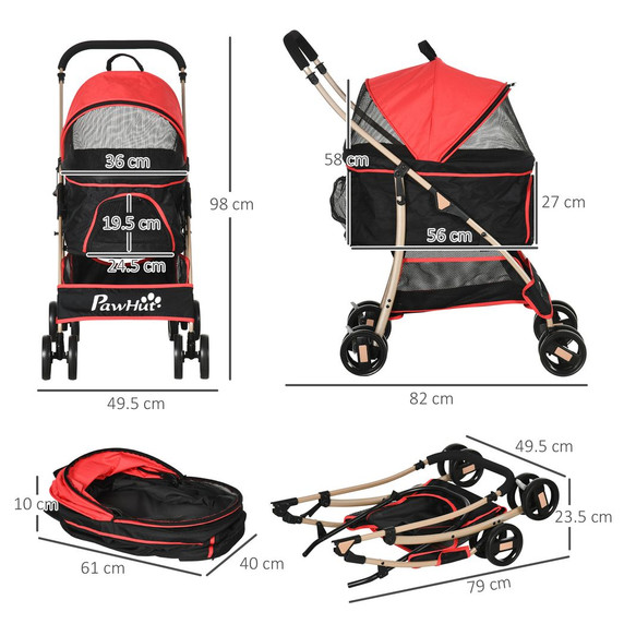PawHut 3 In 1 Pet Stroller, Detachable Dog Cat Travel Carriage - Red