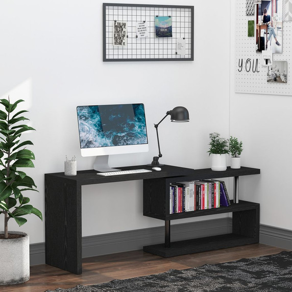 HOMCOM Modern Corner Rotating L-Shaped Office Table Computer Desk with Storage Shelf - Space-Saving Design, Durable Construction, 360° Rotation Capability