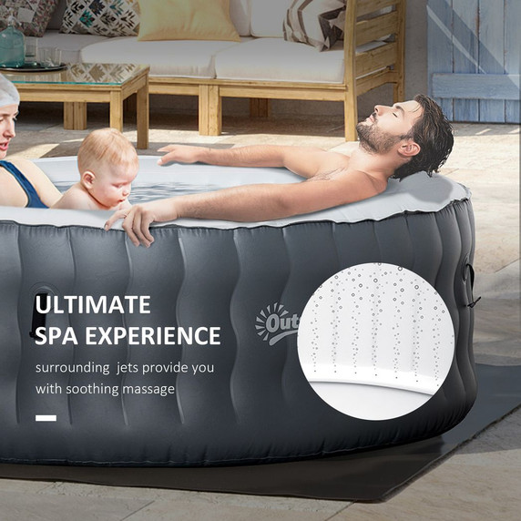 Outsunny Round Inflatable Hot Tub Bubble Spa - Grey, 4-6 Person, Surrounding Jets, Handheld LCD Display, Easy Setup, Outdoor Relaxation