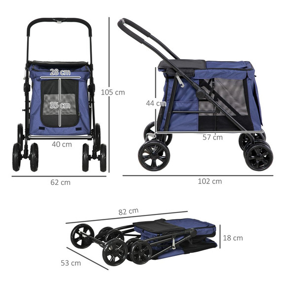PawHut One-click Foldable Pet Stroller w/ Mesh Windows, for Small Pets - Blue