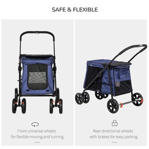 PawHut One-click Foldable Pet Stroller w/ Mesh Windows, for Small Pets - Blue