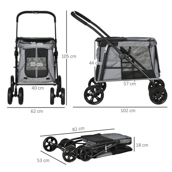 PawHut One-click Foldable Pet Stroller w/ Mesh Windows, for Small Pets - Grey