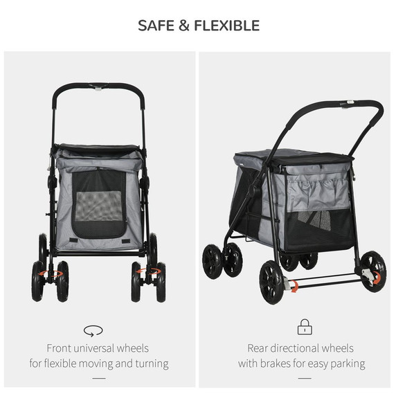PawHut One-click Foldable Pet Stroller w/ Mesh Windows, for Small Pets - Grey