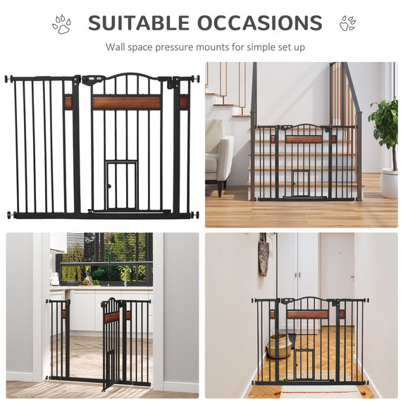 PawHut Dog Gate Pet Safety Gate Cat Door Auto Close Pine Decor 74-105 cm Wide