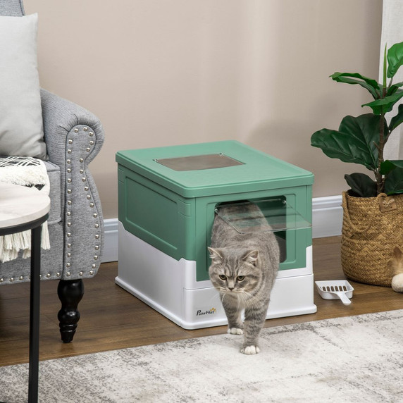 PawHut Hooded Cat Litter Box, Portable Pet Toilet w/ Scoop, Tray - Green