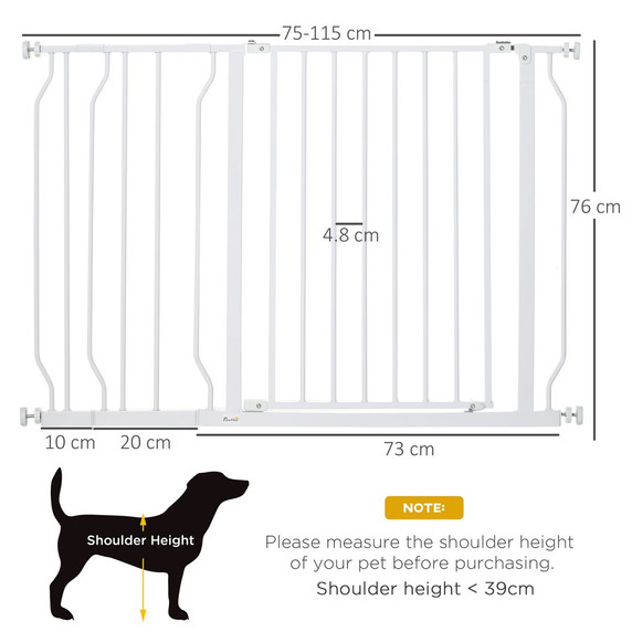 PawHut Dog Gate Wide Stair Gate w/ Door Pressure Fit, 75-115W cm, White