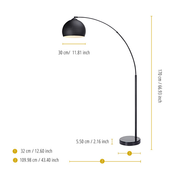 Teamson Home Arquer Arc Curved LED Floor Lamp & Shade, Modern Lighting, Black