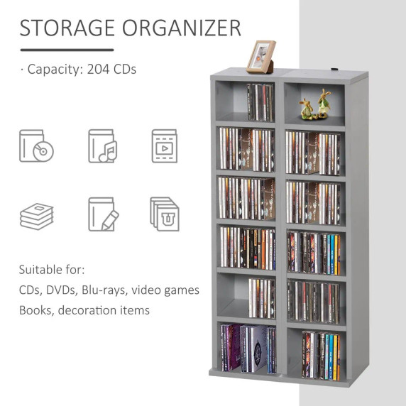 Set of 2 CD Media Display Shelf Unit Tower Rack w/ Adjustable Shelves Grey