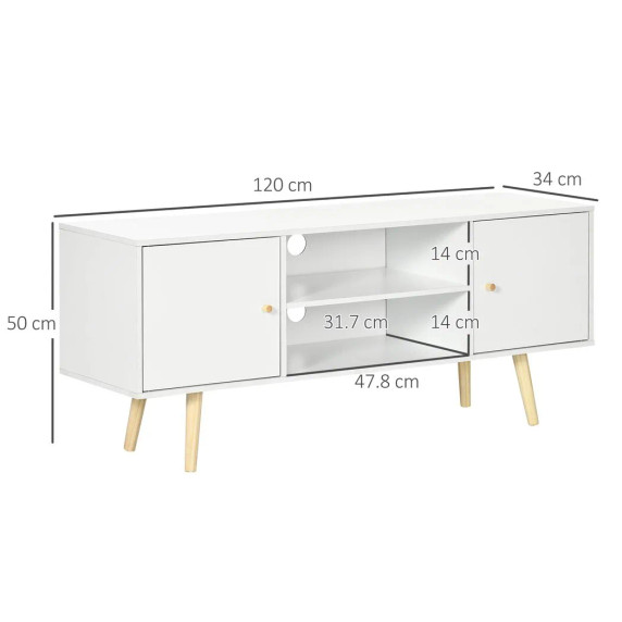 TV Stand Cabinet with Cable Management and Wood Legs Living Room, White