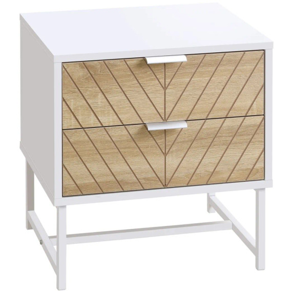 Modern Bedside Table with 2 Drawers, Sofa Side Table for Bedroom, White and Oak