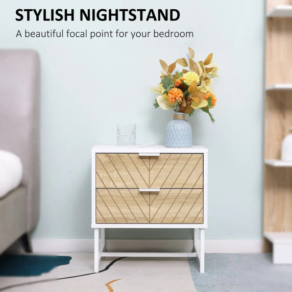 Modern Bedside Table with 2 Drawers, Sofa Side Table for Bedroom, White and Oak