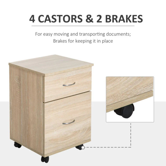 Mobile File Cabinet Wooden Side Table with 2 Drawers Pedestal Office Oak