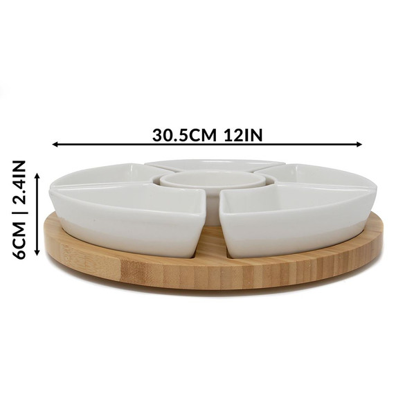 Bamboo Rotating Dip Set with Six Ceramic Dishes on Lazy Susan Serving Tray by Maison & White