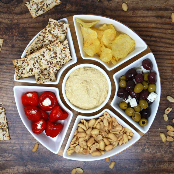 Bamboo Rotating Dip Set with Six Ceramic Dishes on Lazy Susan Serving Tray by Maison & White