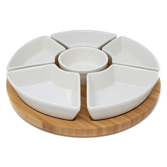 Bamboo Rotating Dip Set with Six Ceramic Dishes on Lazy Susan Serving Tray by Maison & White