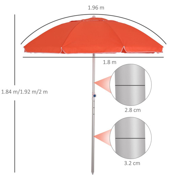 Outsunny 1.96m Arced Beach Umbrella 3-Angle Canopy w/ Aluminium Frame Bag Orange