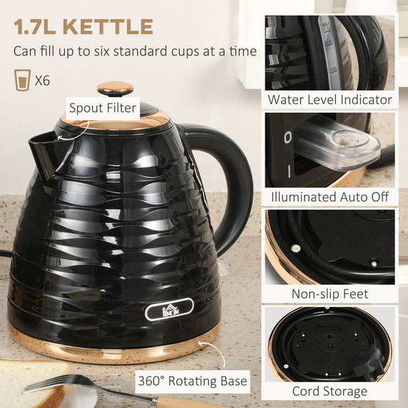 HOMCOM Kettle and Toaster Set - Black - 1.7L Rapid Boil Kettle & 4 Slice Toaster