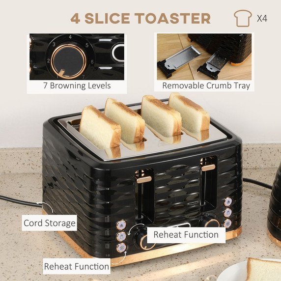 HOMCOM Kettle and Toaster Set - Black - 1.7L Rapid Boil Kettle & 4 Slice Toaster