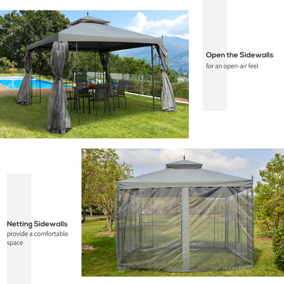 3 x 3(m) Garden Gazebo Double Top Gazebo Canopy w/ Curtains Grey Outsunny