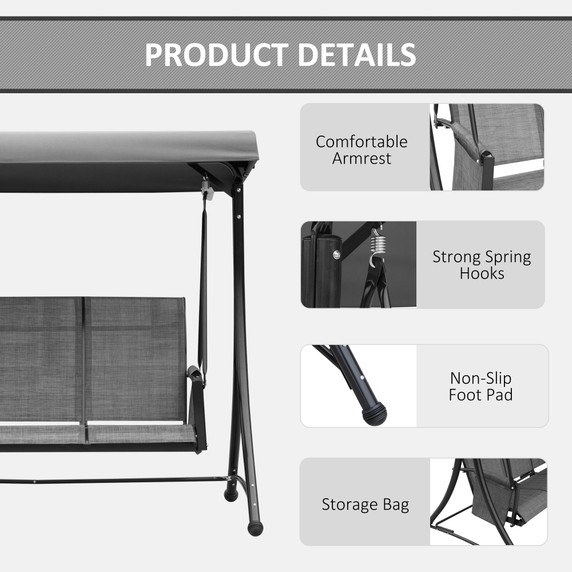 3 Seat Metal Fabric Backyard Patio Swing Chair with Canopy Top Outsunny