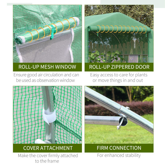 Walk-in Garden Greenhouse Zippered Roll Up Door & 6 Windows, 3.5 x 3 x 2m, Green