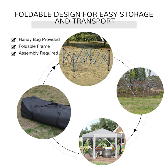 Outsunny 3.2m Hexagonal Pop Up Gazebo with Mesh Sidewalls in Light Grey - Outdoor Canopy Tent with Foldable Steel Frame