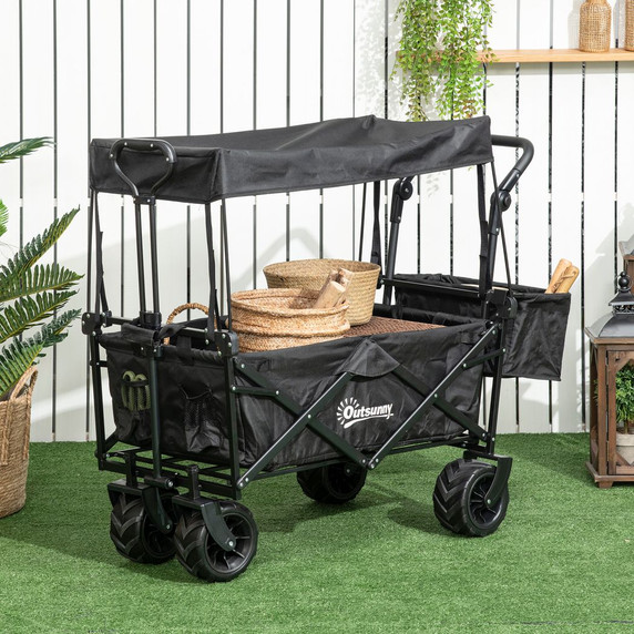 Trolley Cart Storage Wagon 4 Wheels w/ 2 Compartments Handle, Canopy, Black