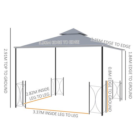 4 x 3.35m Metal Gazebo with 2 Tier Roof, Net and Curtains, Steel Frame, Grey