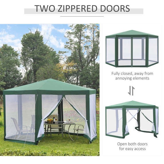 Outsunny Hexagon White Green Gazebo with Adjustable Height and Insect Protection