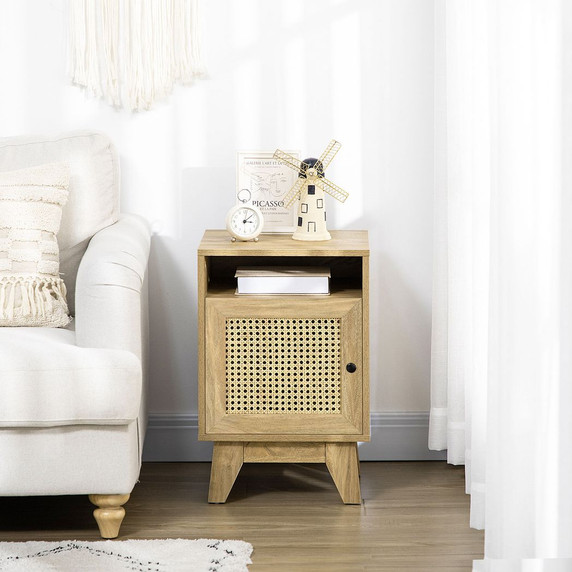 Nightstand, Bedside Table with Drawer and Shelf, End Table with Rattan Element