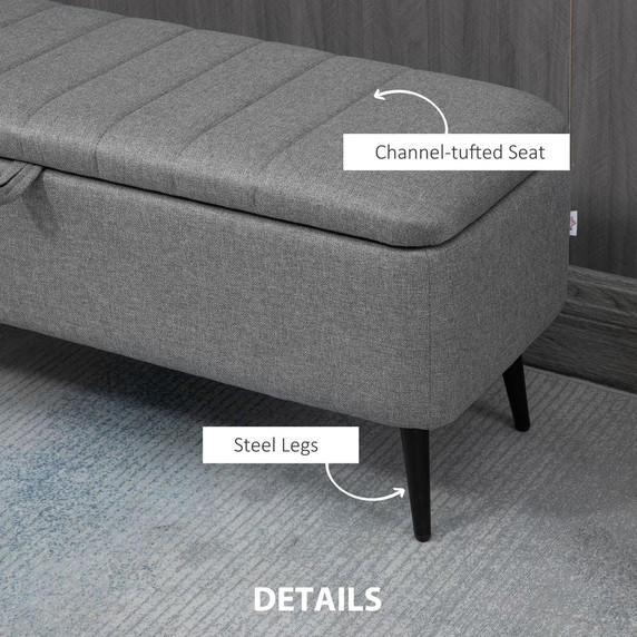 HOMCOM Storage Ottoman Bench - Grey Linen Fabric, Padded Top, Steel Legs - Compact Dimensions, 92x31cm Inner Compartment, 150kg Load Capacity - Stylish and Functional Furniture for Home Storage