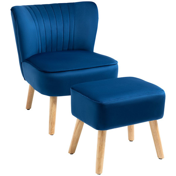 Velvet-Feel Accent Chair w/ Ottoman Tub Seat Padding Wood Legs Dark Blue