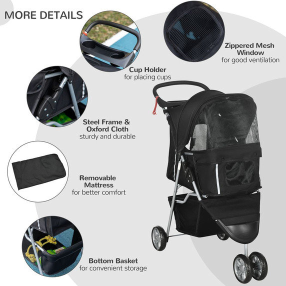 Pet Stroller Pushchair Carrier for Cat Puppy with 3 Wheels Black