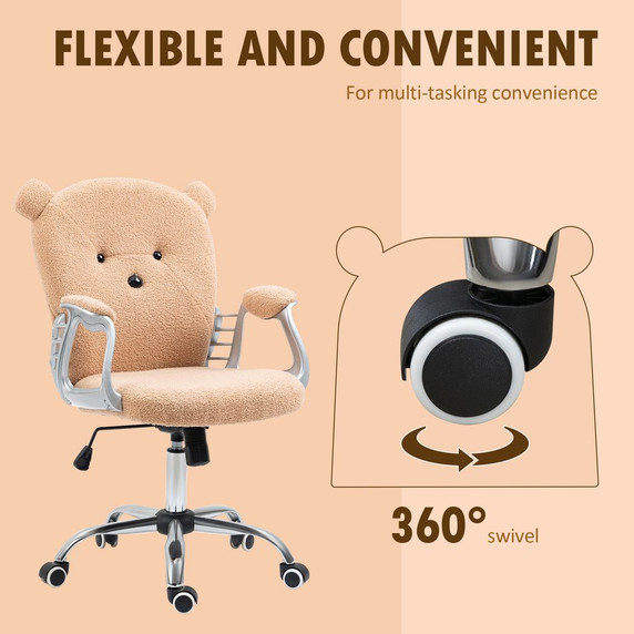 Cute Office Chair Height Adjustable Bear Shape Desk Chair w/ Arm Brown