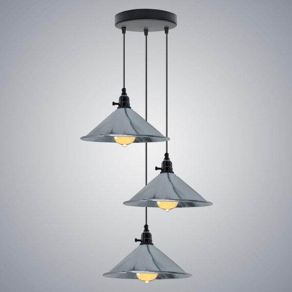 Industrial 3 Head Cluster Ceiling Pendant Light with Adjustable Cord E27 Base,Metal Light Fitting, Cone Shaped Light