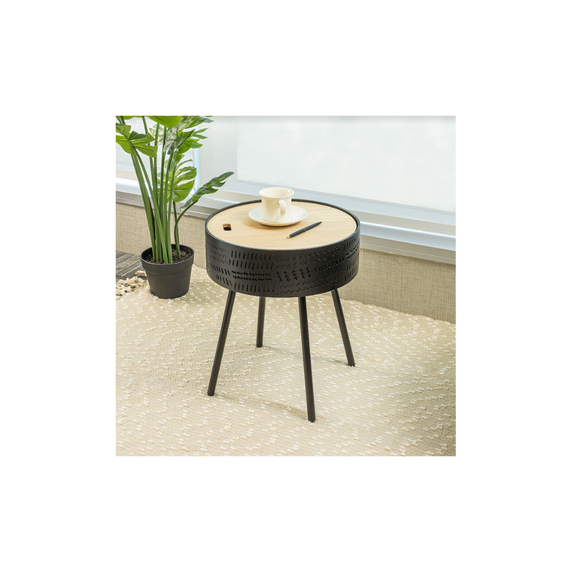 Modern black lift-top round side table with sleek design, crafted from MDF and Pinewood - 38.5x38.5x45cm