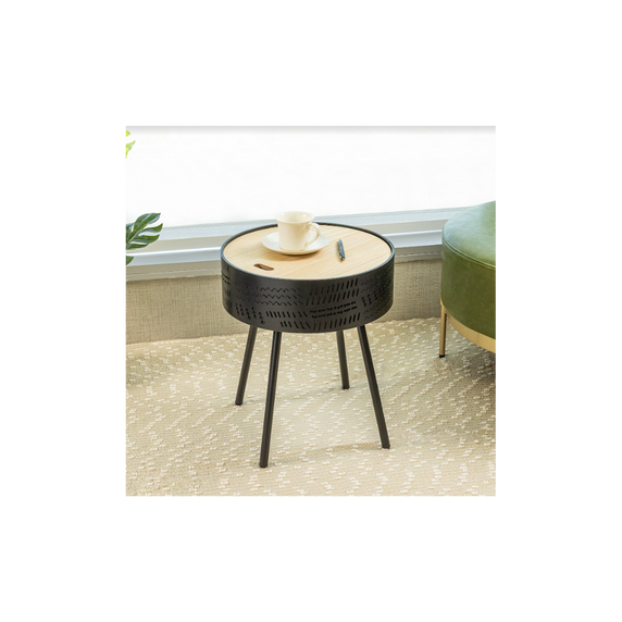 Modern black lift-top round side table with sleek design, crafted from MDF and Pinewood - 38.5x38.5x45cm