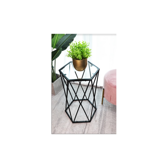 Hexagon Tempered Glass Black Side Table (Small) - SLENDER