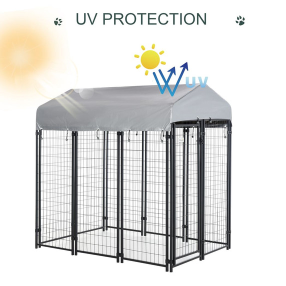 Outdoor Dog Kennel, Metal Dog Run with Canopy, 120 x 120 x 138cm